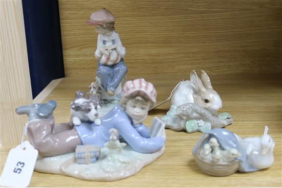 Four Lladro figures, Study Buddies, No. 5451, My Best Friend, No. 5401, Ducklings, No. 4895 and another of a rabbit